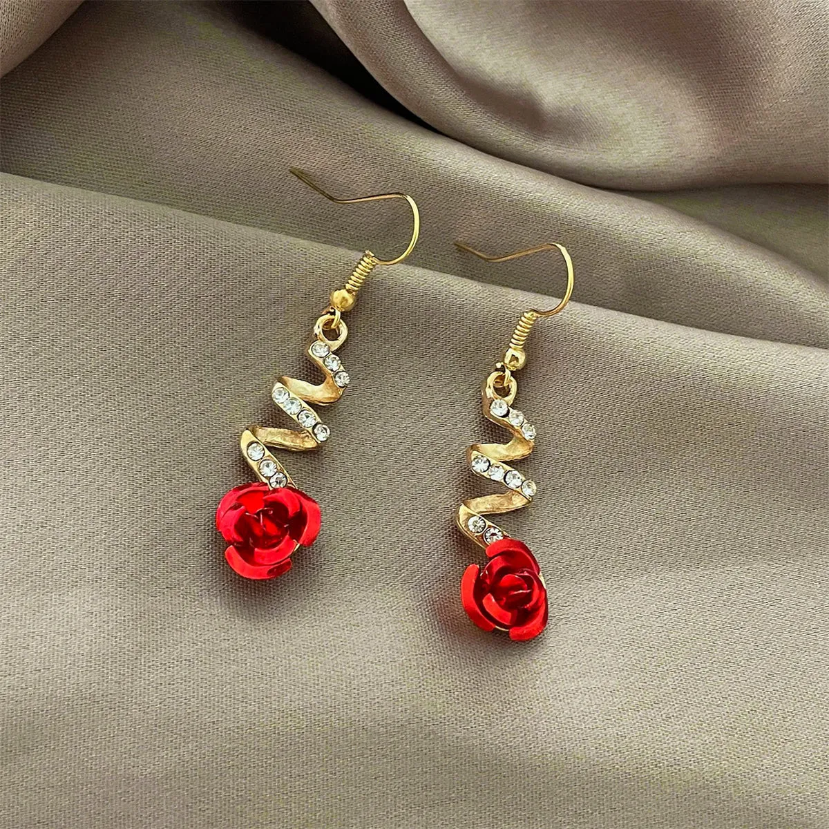 Red & Cubic Zirconia Swirl Rose Drop Earrings