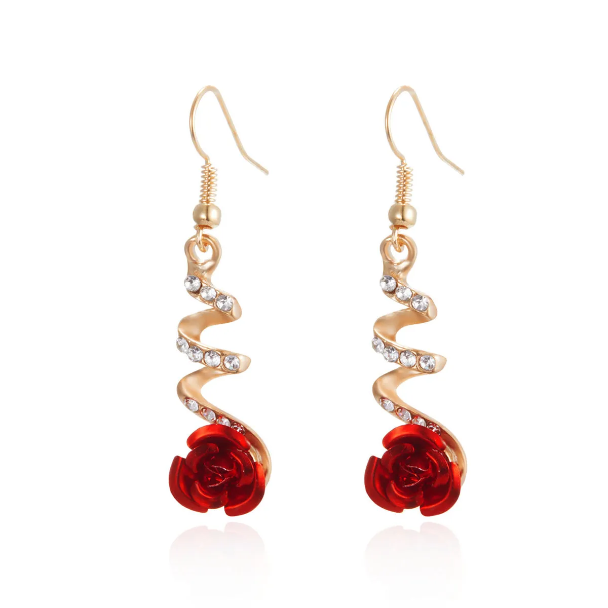 Red & Cubic Zirconia Swirl Rose Drop Earrings