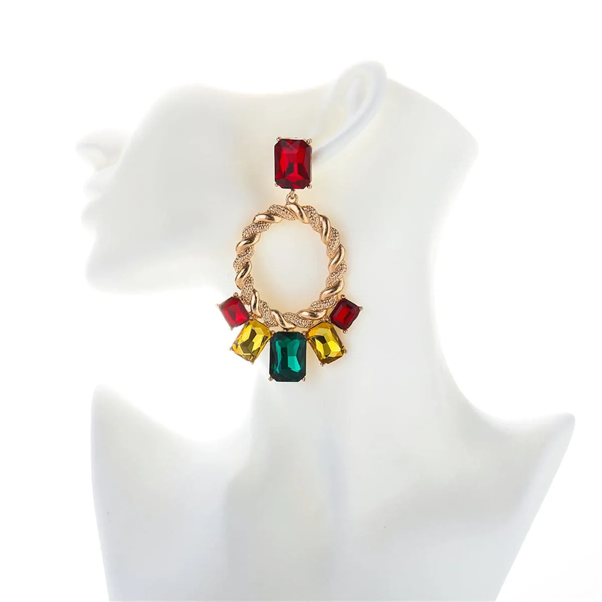 Red & Green Crystal Open Oval Drop Earrings