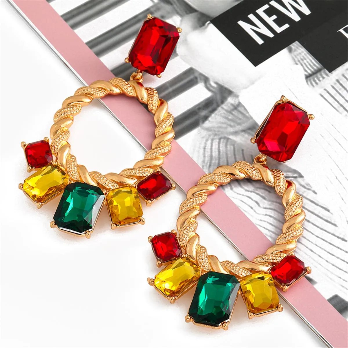 Red & Green Crystal Open Oval Drop Earrings