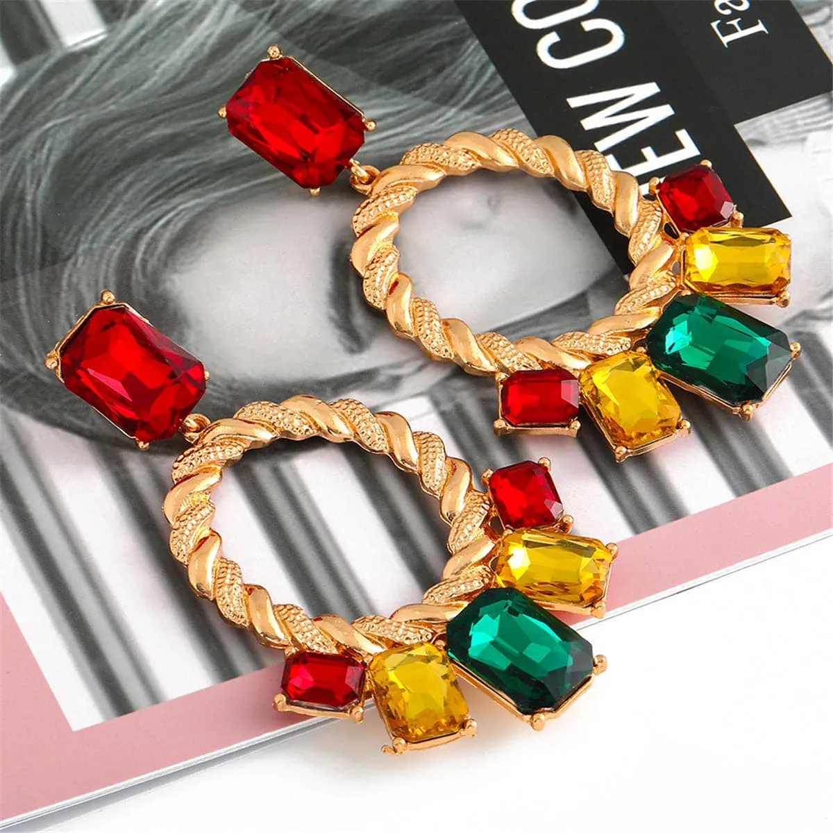 Red & Green Crystal Open Oval Drop Earrings