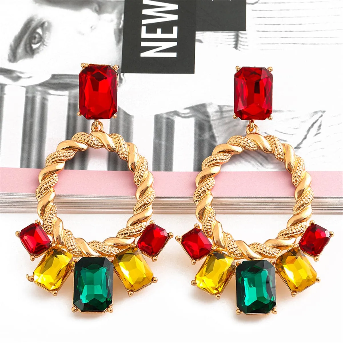 Red & Green Crystal Open Oval Drop Earrings