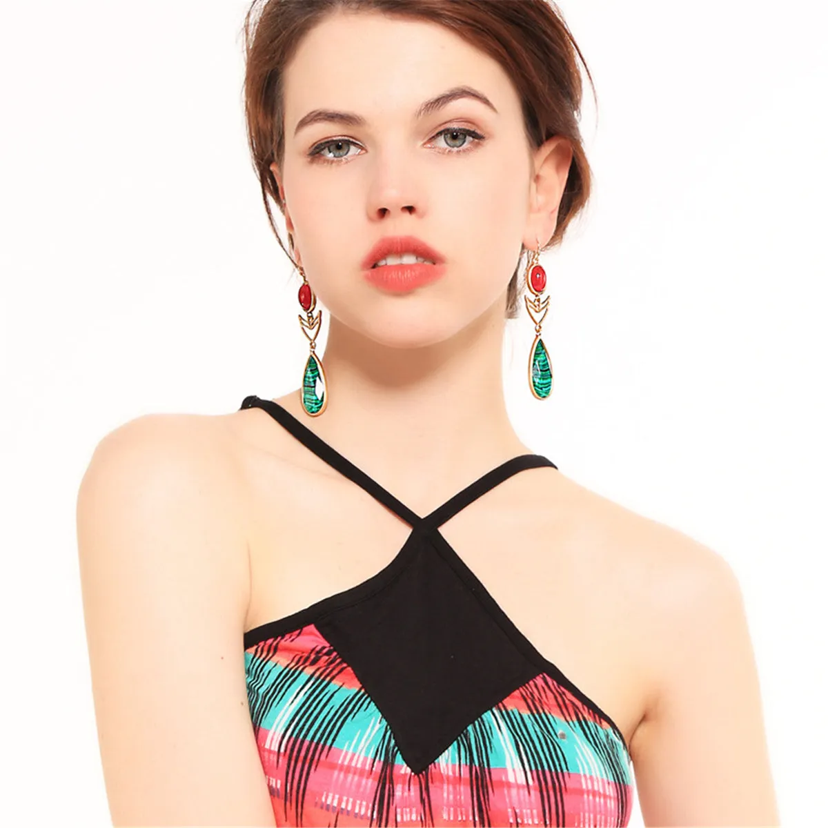 Red & Green Crystal Pear-Cut Drop Earrings
