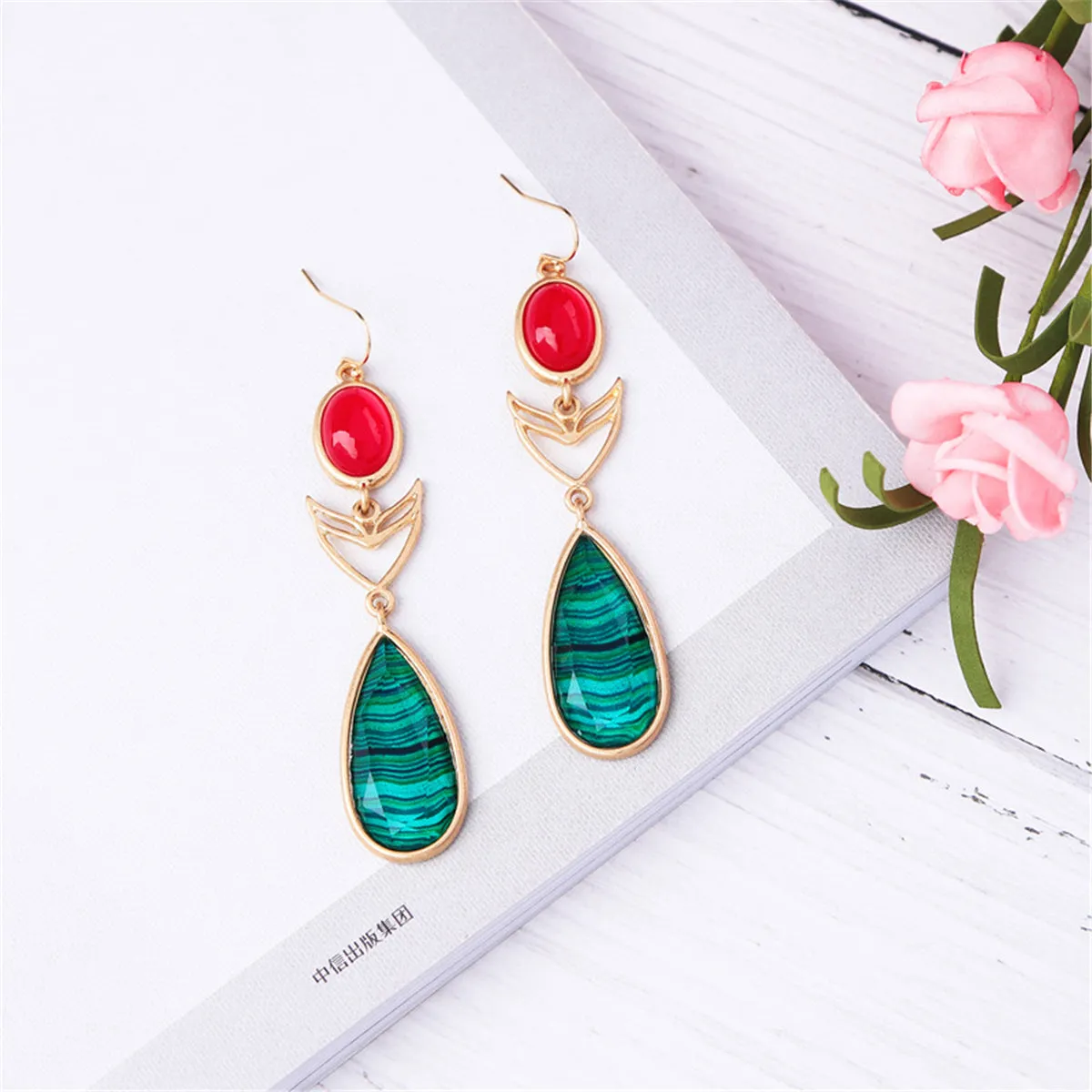 Red & Green Crystal Pear-Cut Drop Earrings