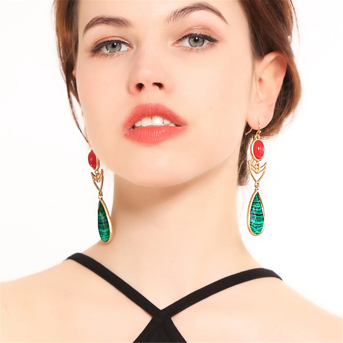 Red & Green Crystal Pear-Cut Drop Earrings