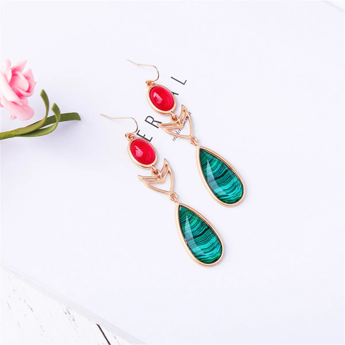 Red & Green Crystal Pear-Cut Drop Earrings