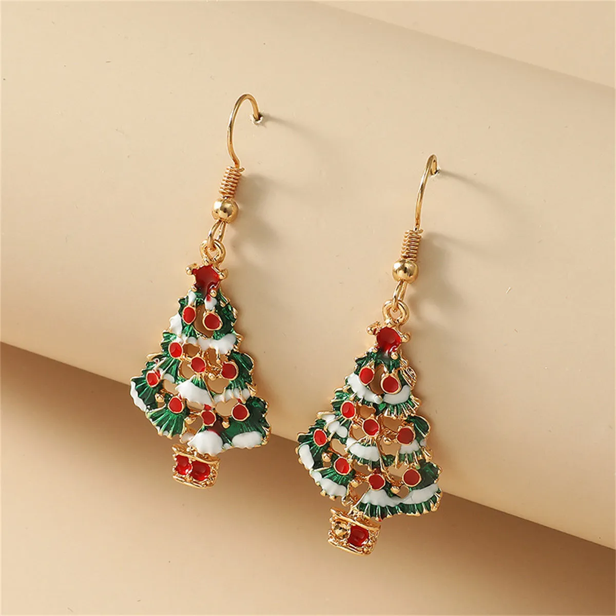 Red & Multicolor Enamel Christmas Tree Drop Earrings