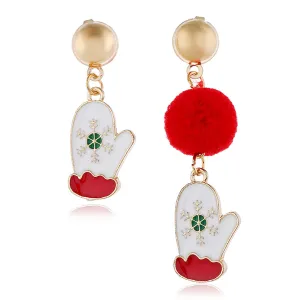 Red & White Snowflake Mittens Single Pom-Pom Drop Earrings