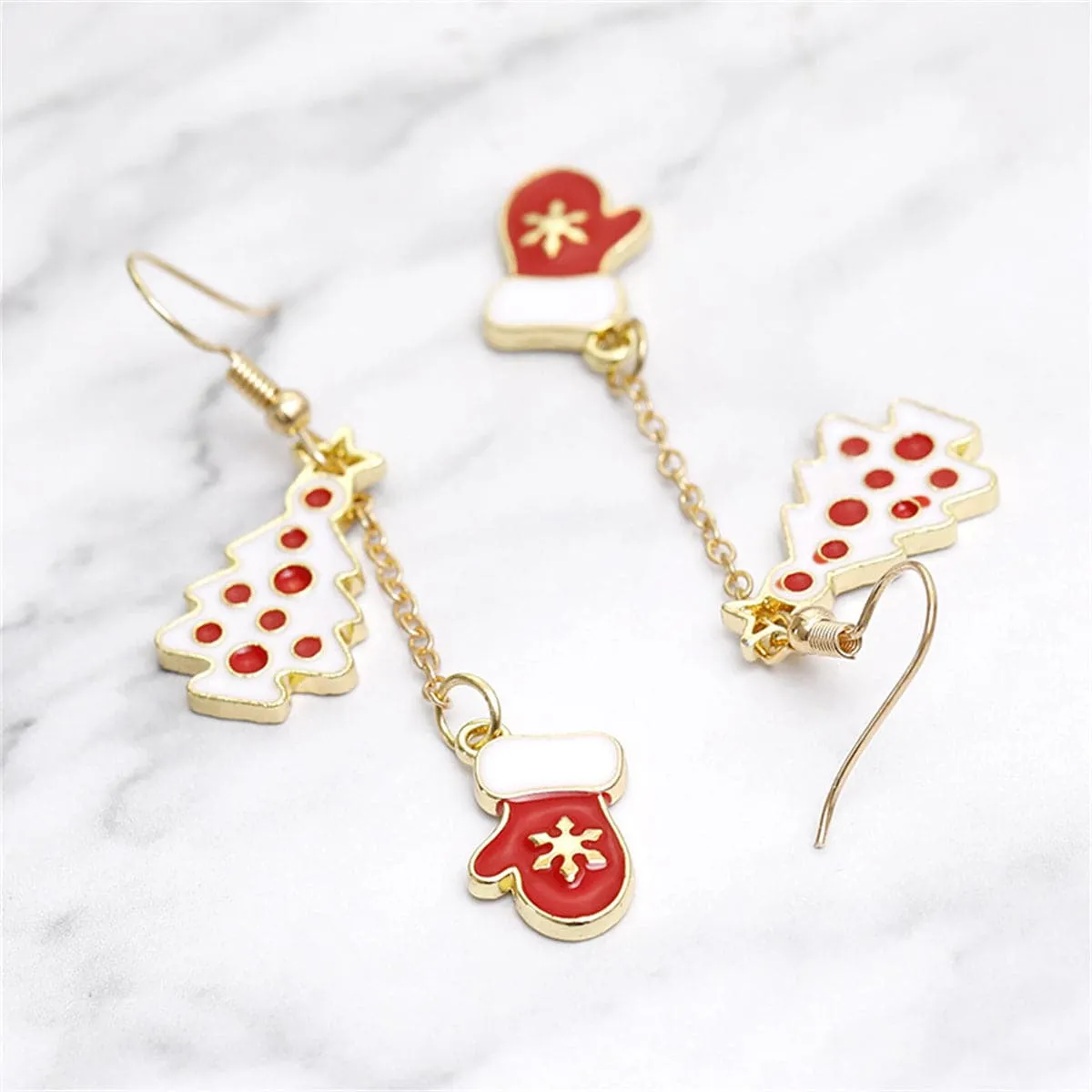 Red & White Tree & Mittens Drop Earrings
