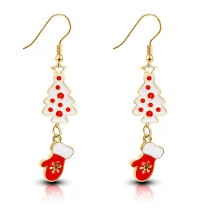 Red & White Tree & Mittens Drop Earrings