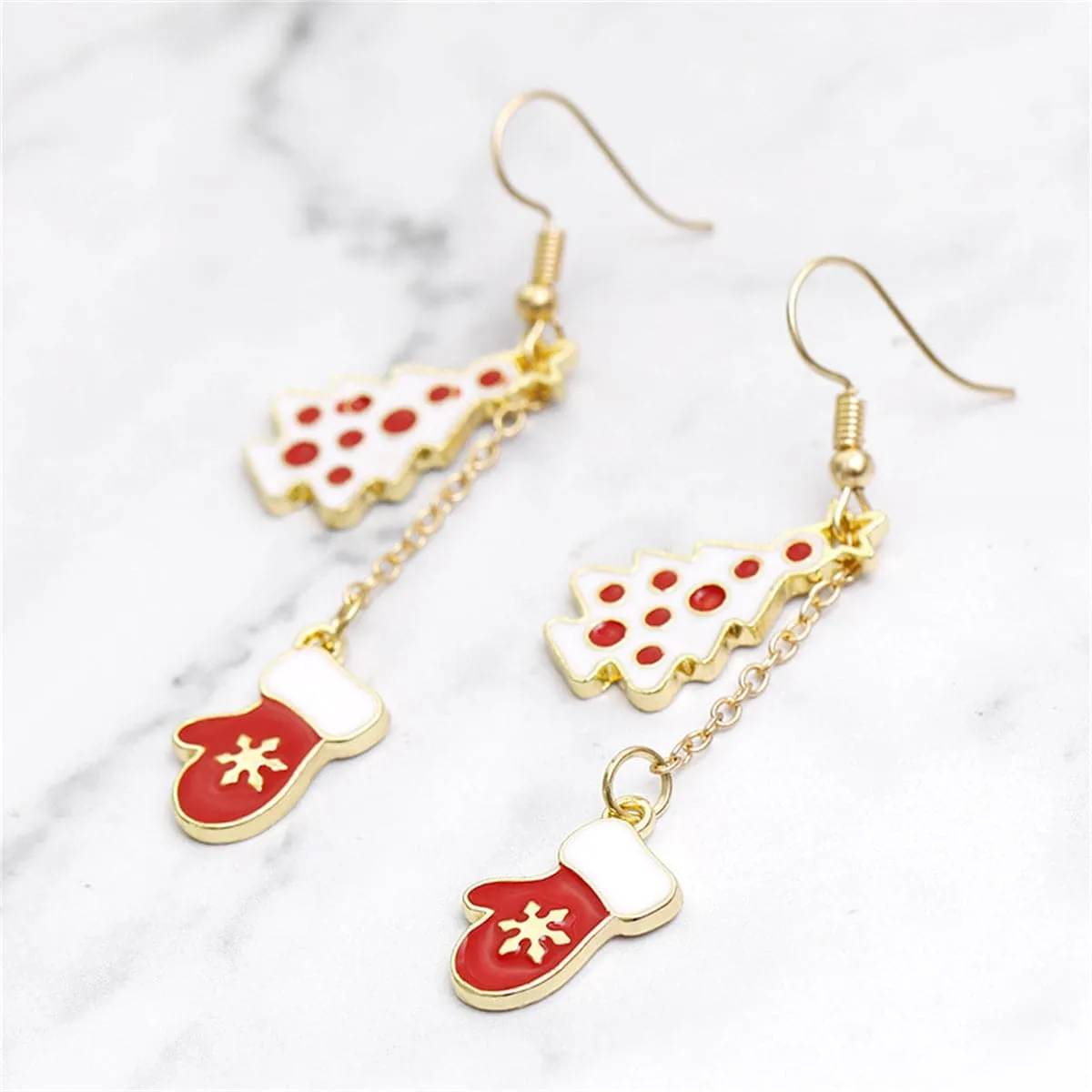 Red & White Tree & Mittens Drop Earrings