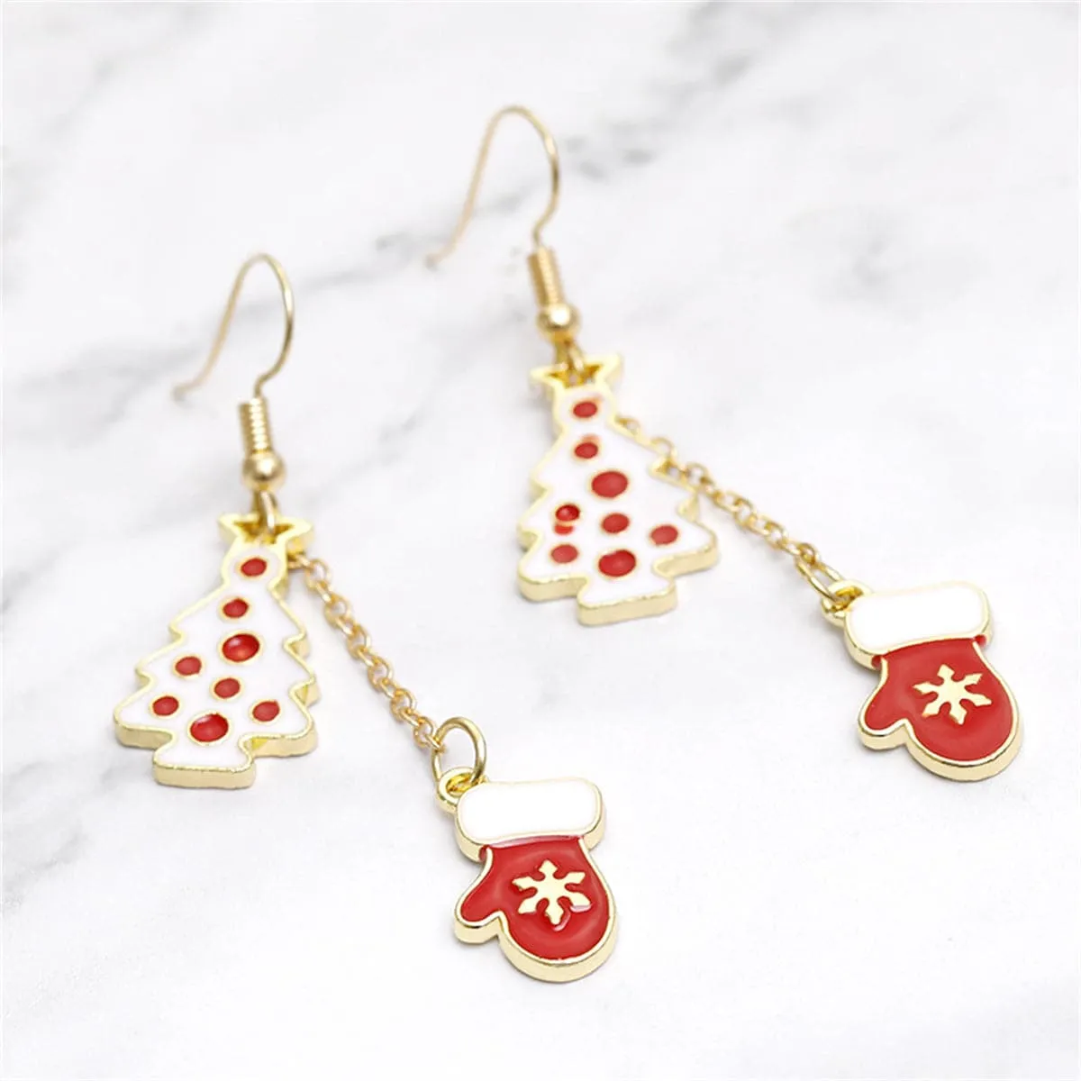 Red & White Tree & Mittens Drop Earrings