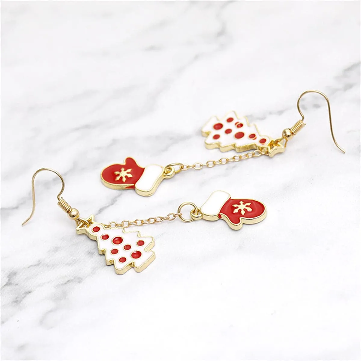 Red & White Tree & Mittens Drop Earrings
