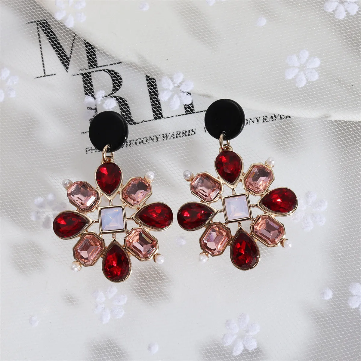 Red Crystal & Pearl Botanical Drop Earrings