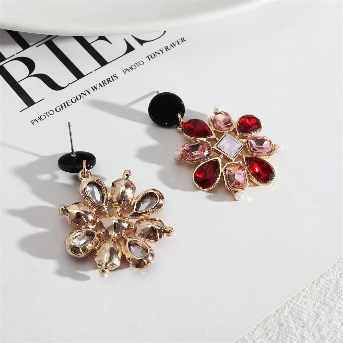 Red Crystal & Pearl Botanical Drop Earrings