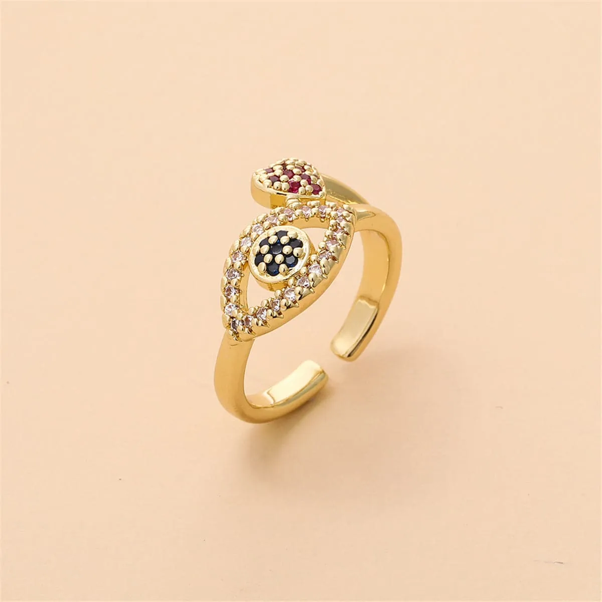 Red Cubic Zirconia & 18K Gold-Plated Heart Eye Open Ring
