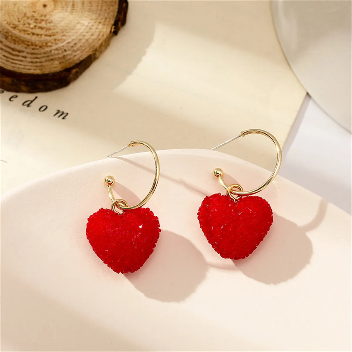 Red Cubic Zirconia & 18K Gold-Plated Pavé Heart Huggie Earrings