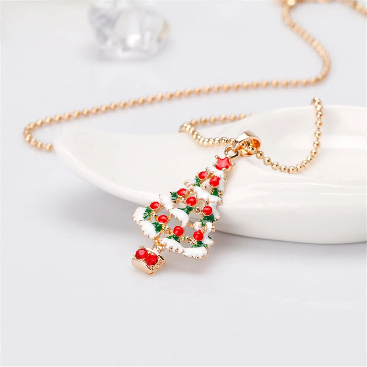 Red Cubic Zirconia & Enamel 18K Gold-Plated Open Christmas Tree Pendant Necklace