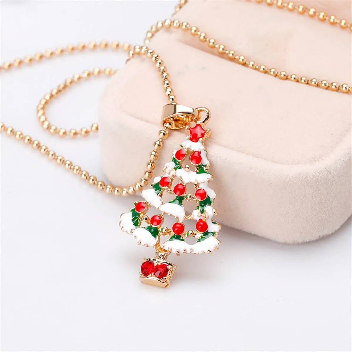 Red Cubic Zirconia & Enamel 18K Gold-Plated Open Christmas Tree Pendant Necklace