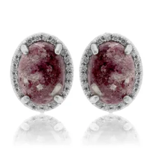 Red Emerald Cabochon & Diamond Halo Slight Drop Earrings