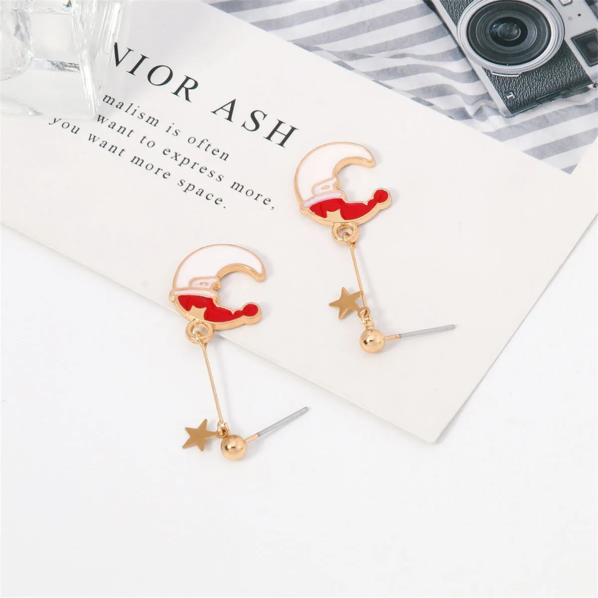 Red Enamel & 18K Gold-Plated Christmas Hat Star & Moon Drop Earrings