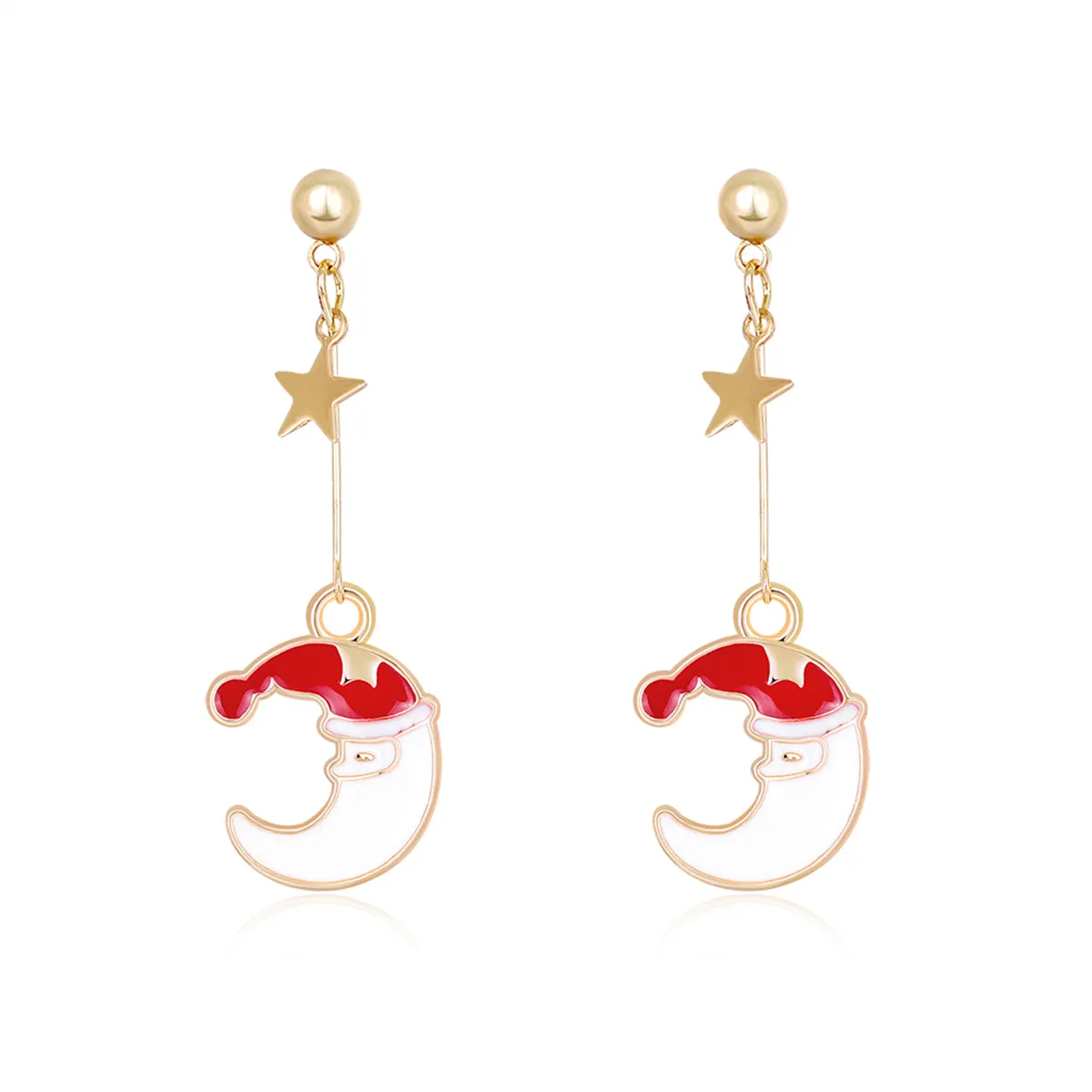 Red Enamel & 18K Gold-Plated Christmas Hat Star & Moon Drop Earrings