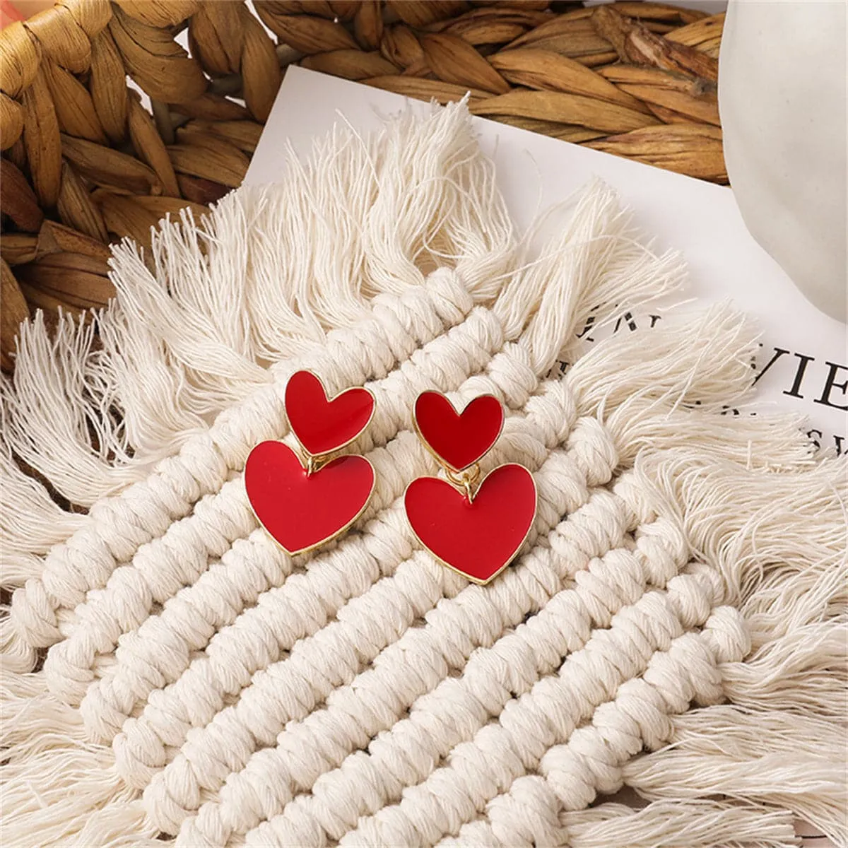 Red Enamel & 18K Gold-Plated Double-Heart Ear Jackets