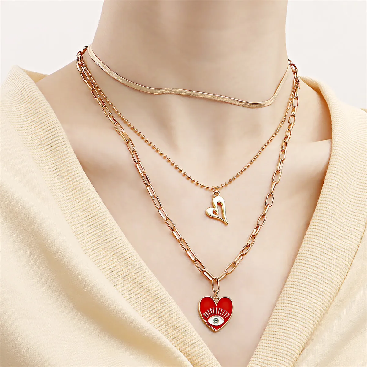 Red Enamel & 18K Gold-Plated Heart Pendant Necklace Set