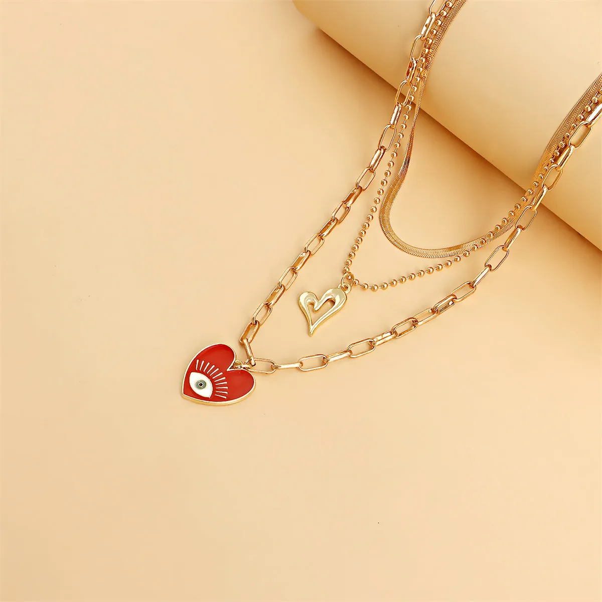 Red Enamel & 18K Gold-Plated Heart Pendant Necklace Set