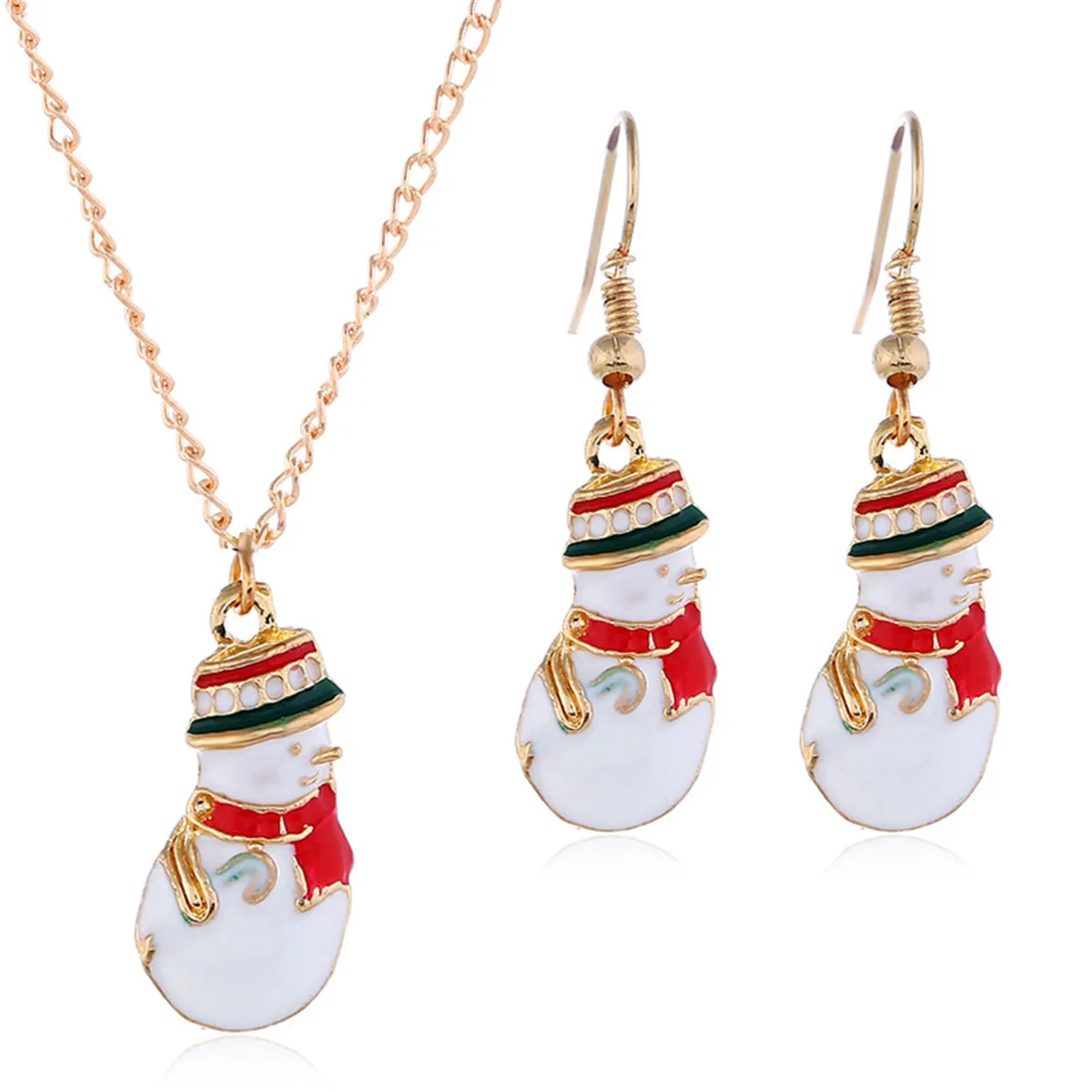 Red Enamel & 18K Gold-Plated Snowman Dangle Earring Pendant Necklace Set
