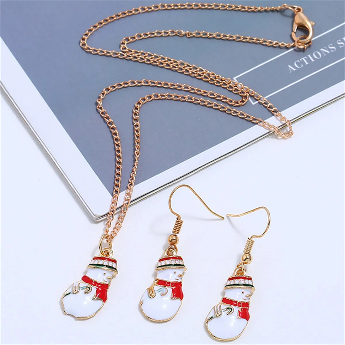 Red Enamel & 18K Gold-Plated Snowman Dangle Earring Pendant Necklace Set