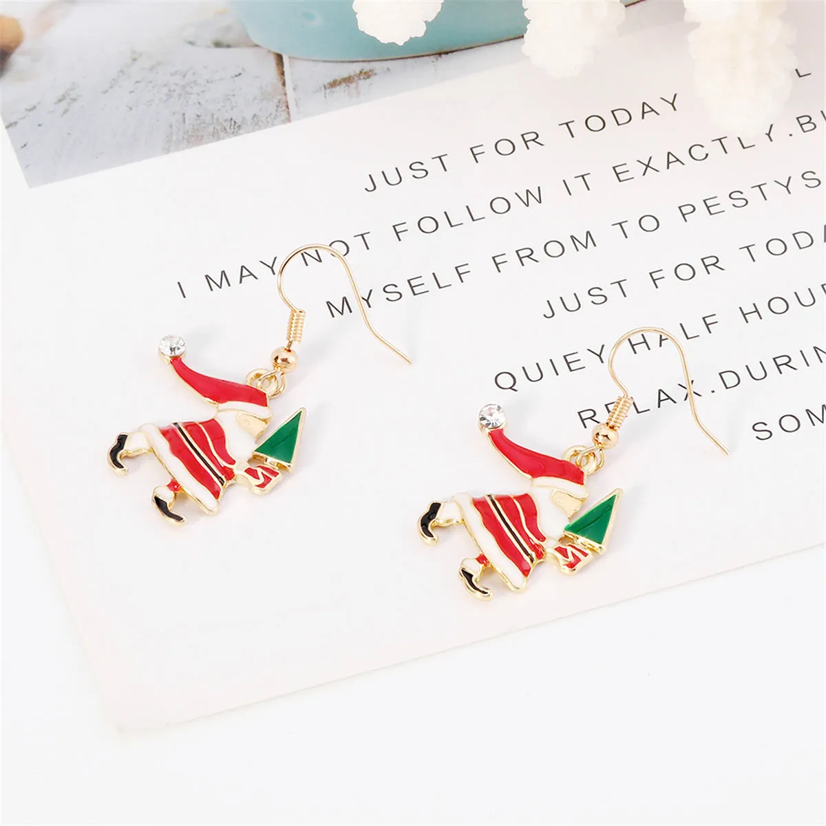 Red Enamel & Cubic Zirconia Santa & Tree Drop Earrings