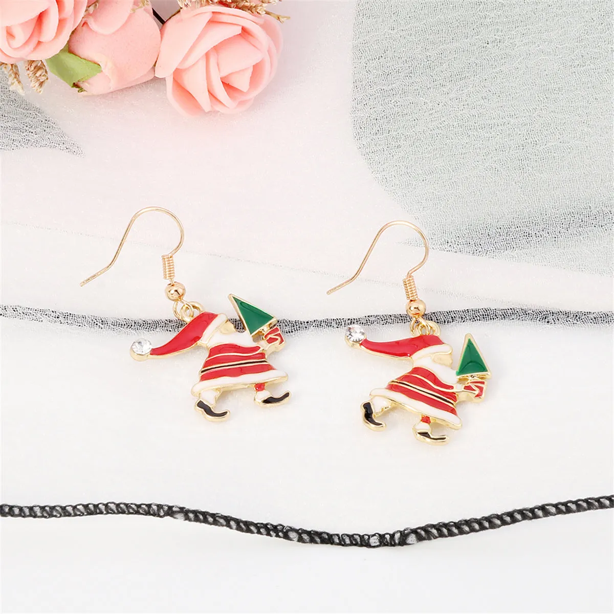 Red Enamel & Cubic Zirconia Santa & Tree Drop Earrings