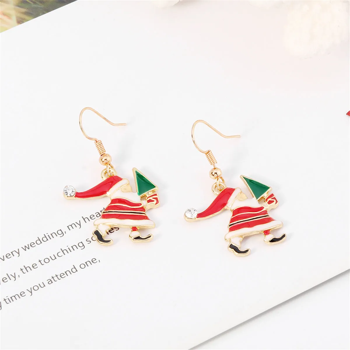 Red Enamel & Cubic Zirconia Santa & Tree Drop Earrings
