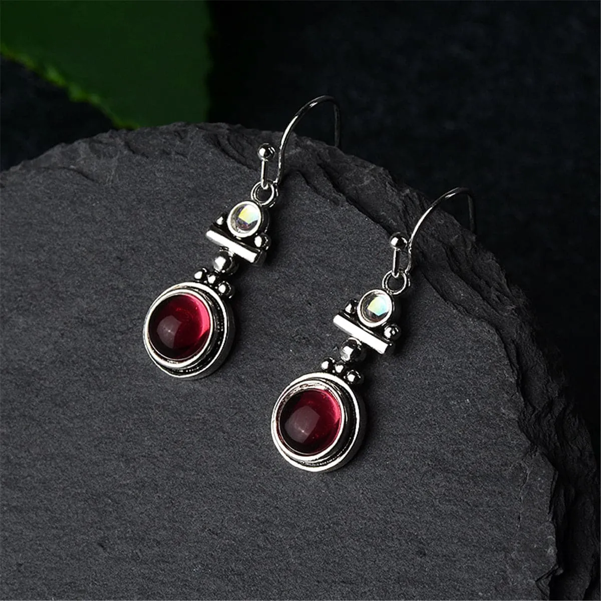 Red Moonstone & Silver-Plated Round Drop Earrings
