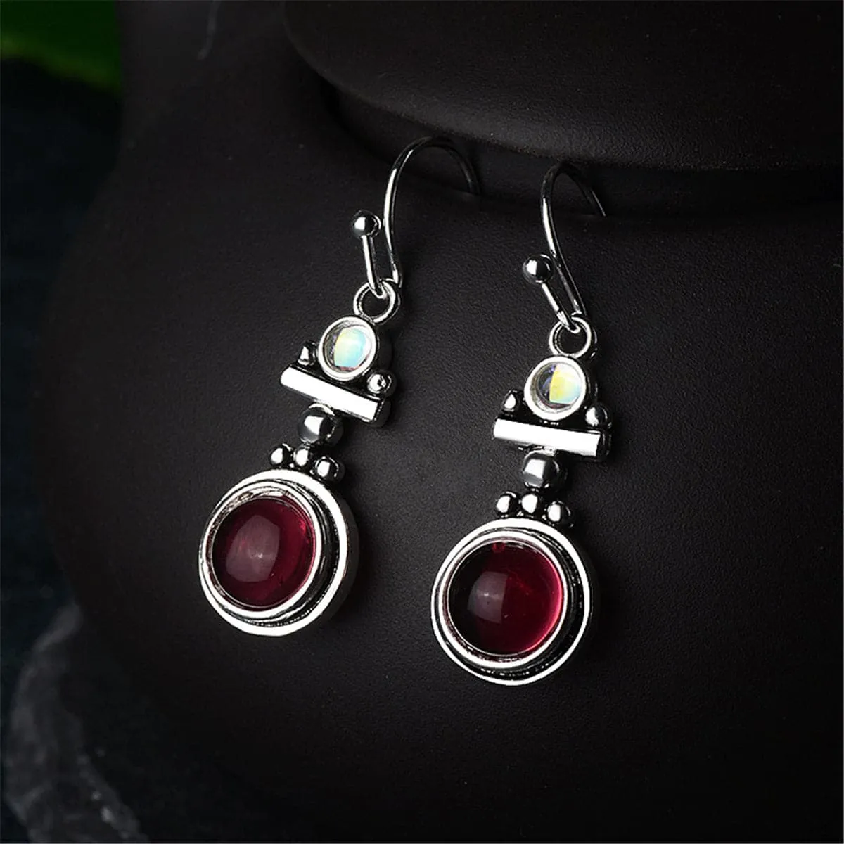 Red Moonstone & Silver-Plated Round Drop Earrings
