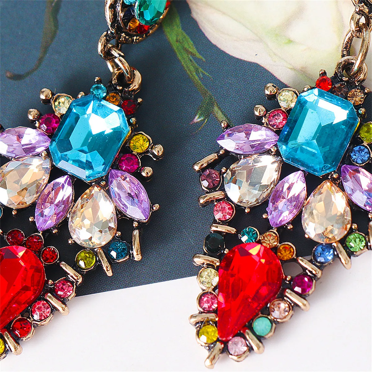 Red Multicolor Crystal & Cubic Zirconia Leaf Drop Earrings