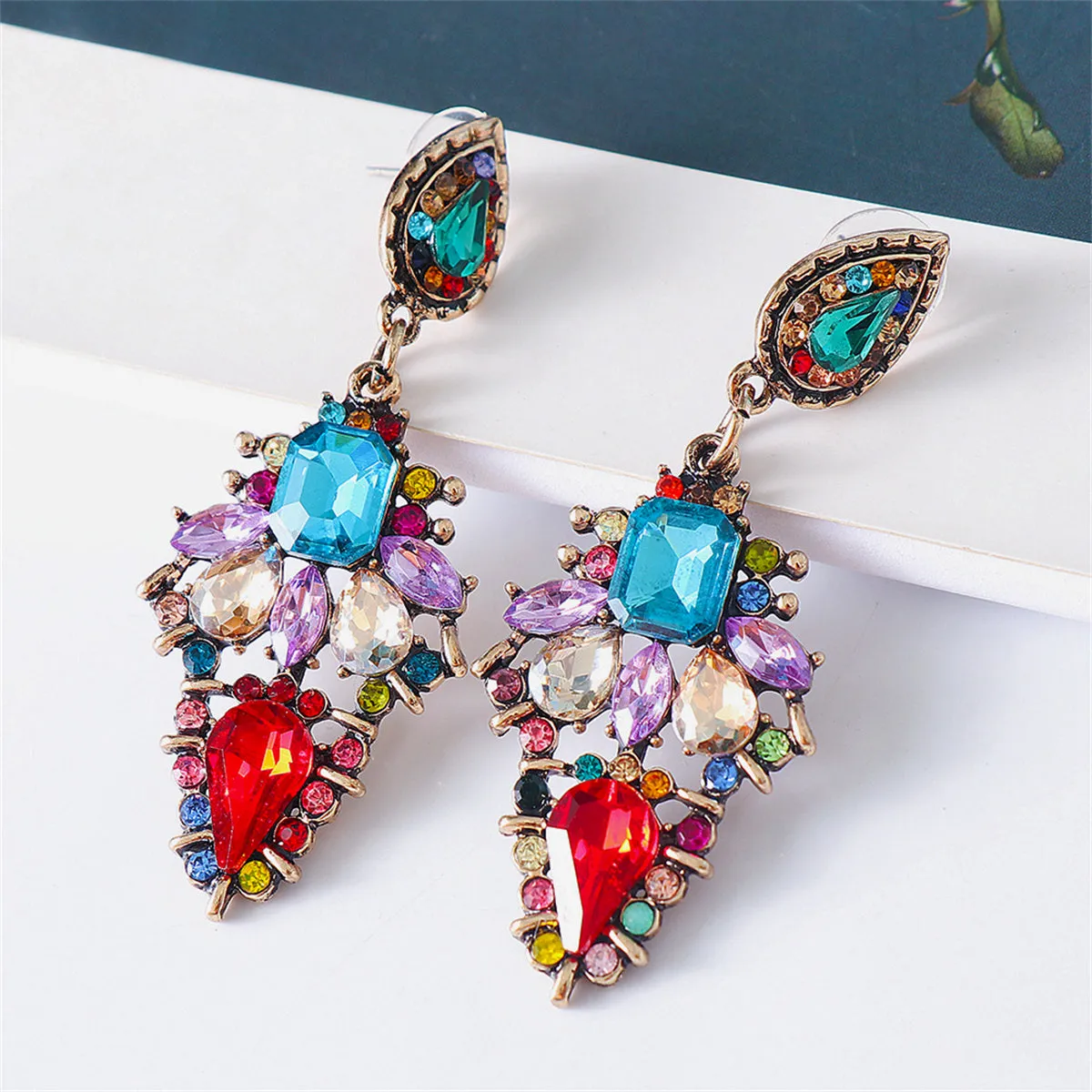 Red Multicolor Crystal & Cubic Zirconia Leaf Drop Earrings