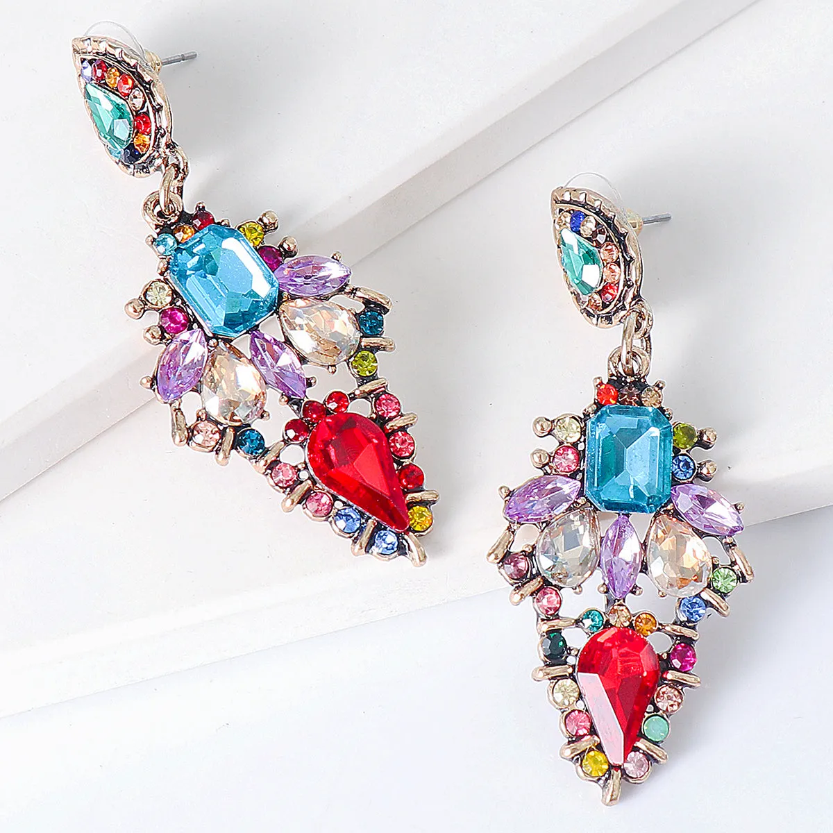 Red Multicolor Crystal & Cubic Zirconia Leaf Drop Earrings