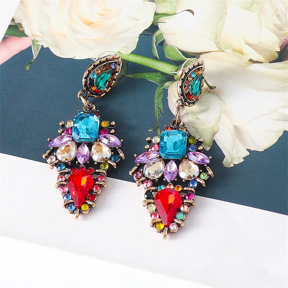 Red Multicolor Crystal & Cubic Zirconia Leaf Drop Earrings