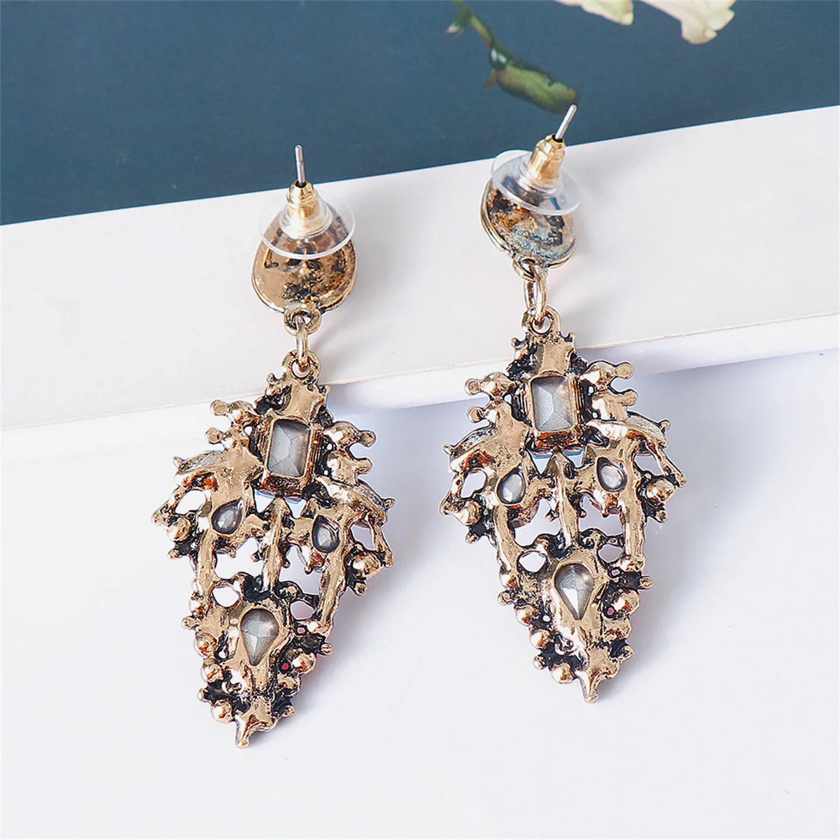 Red Multicolor Crystal & Cubic Zirconia Leaf Drop Earrings