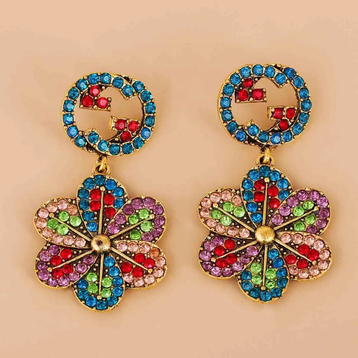 Red Multicolor Cubic Zirconia & 18K Gold-Plated Flower Drop Earrings