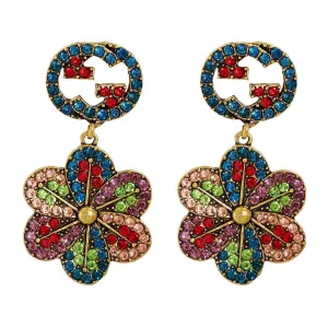 Red Multicolor Cubic Zirconia & 18K Gold-Plated Flower Drop Earrings