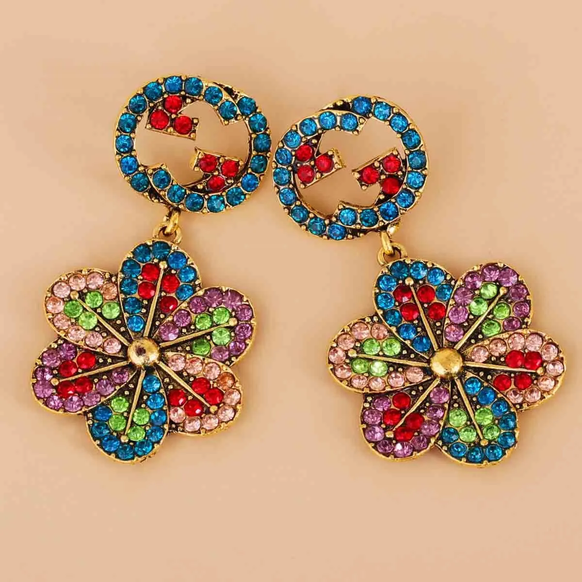 Red Multicolor Cubic Zirconia & 18K Gold-Plated Flower Drop Earrings