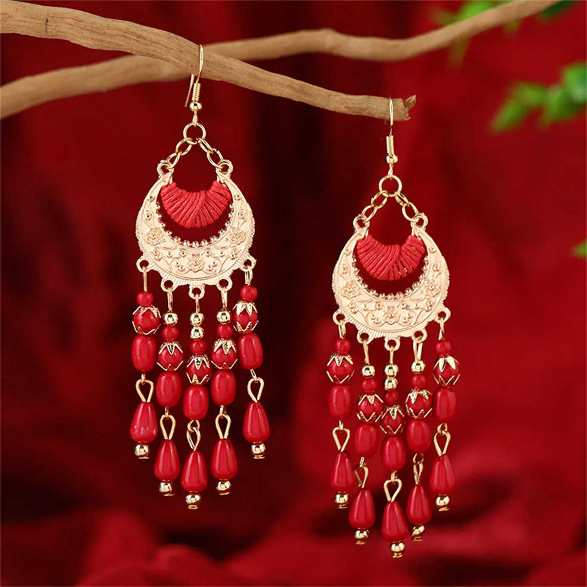 Red Resin & Polyster 18K Gold-Plated Tassel Drop Earrings