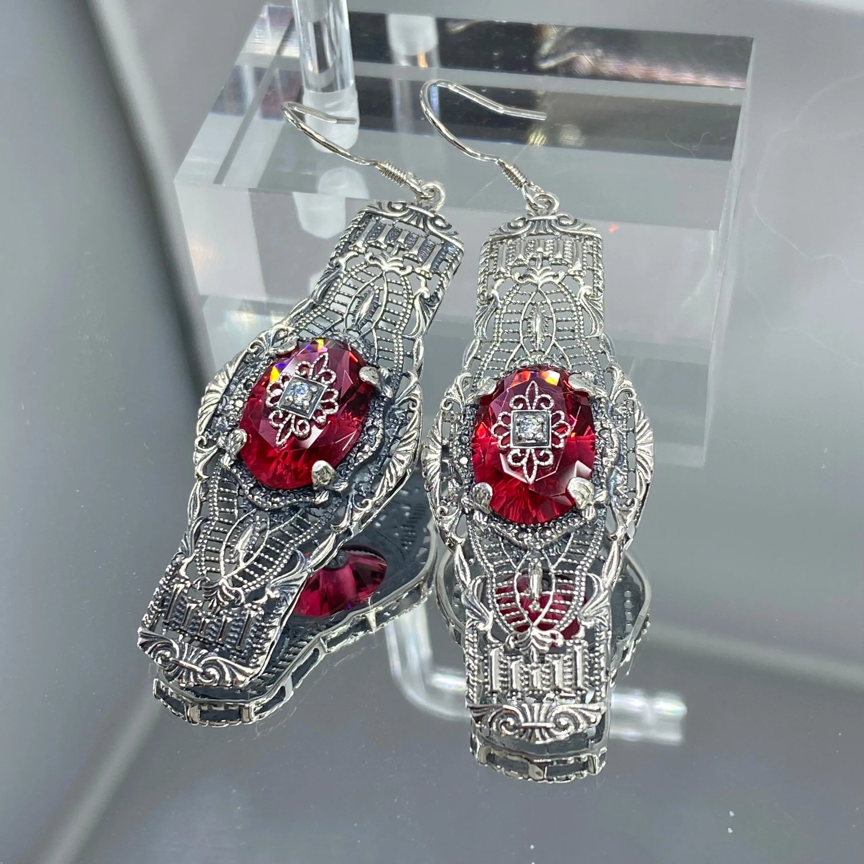 Red Ruby Earrings, Embellished Gems, Oval Castle, Elegant Vintage Jewelry #E4e