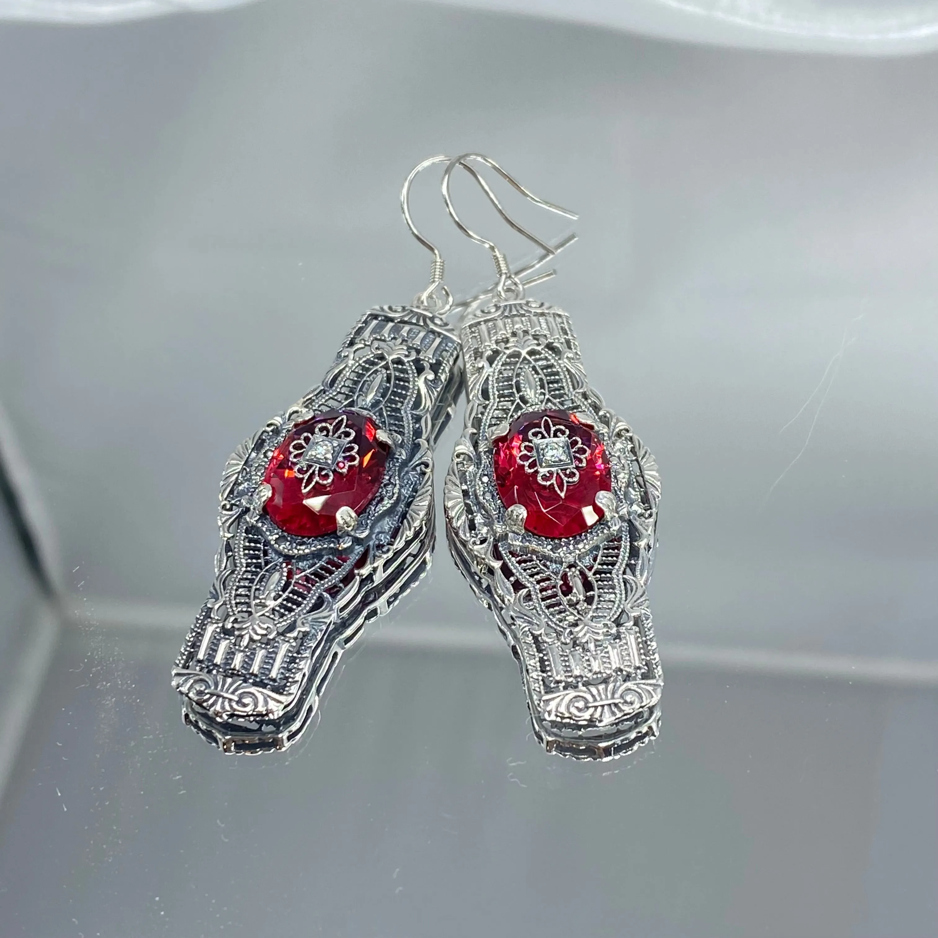 Red Ruby Earrings, Embellished Gems, Oval Castle, Elegant Vintage Jewelry #E4e