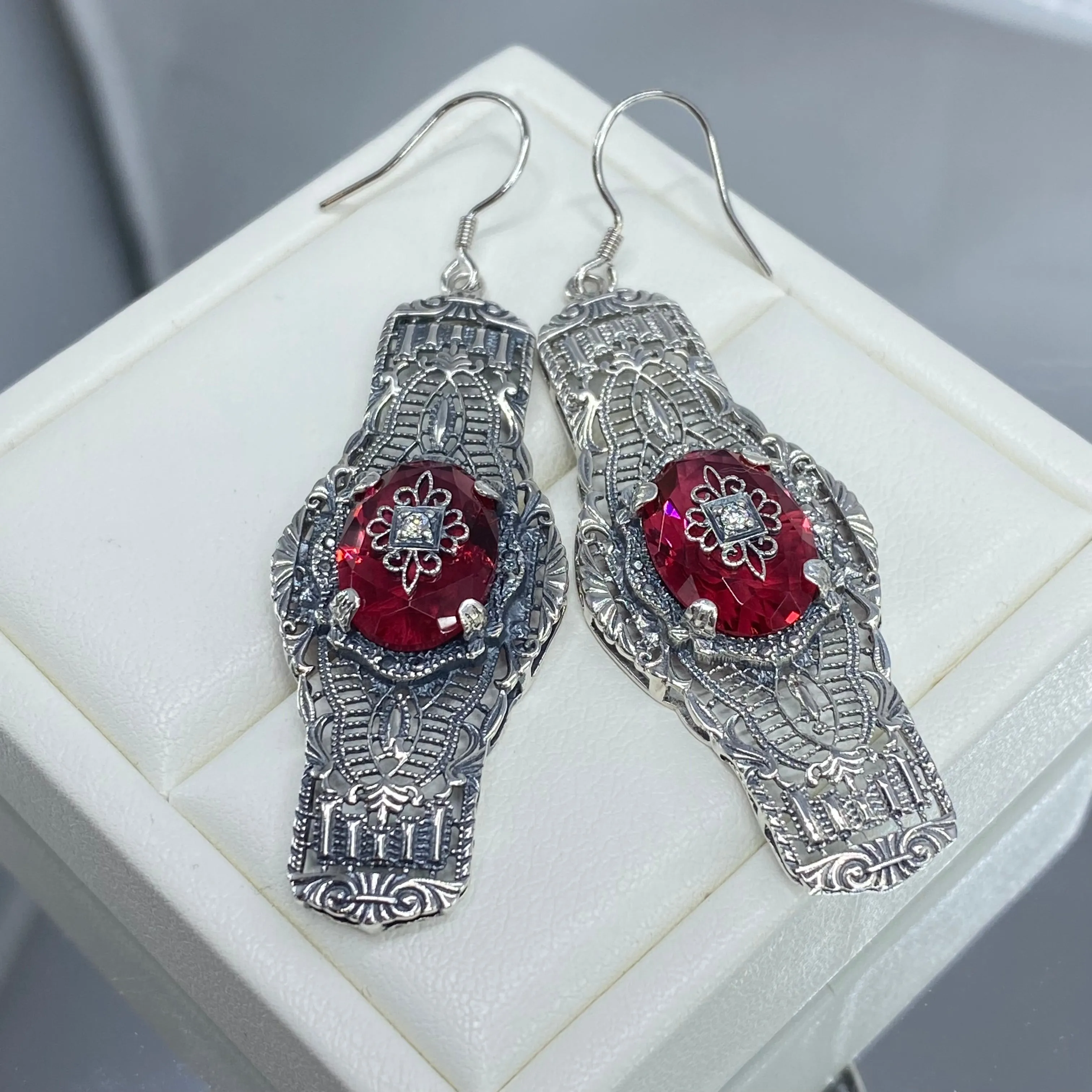 Red Ruby Earrings, Embellished Gems, Oval Castle, Elegant Vintage Jewelry #E4e
