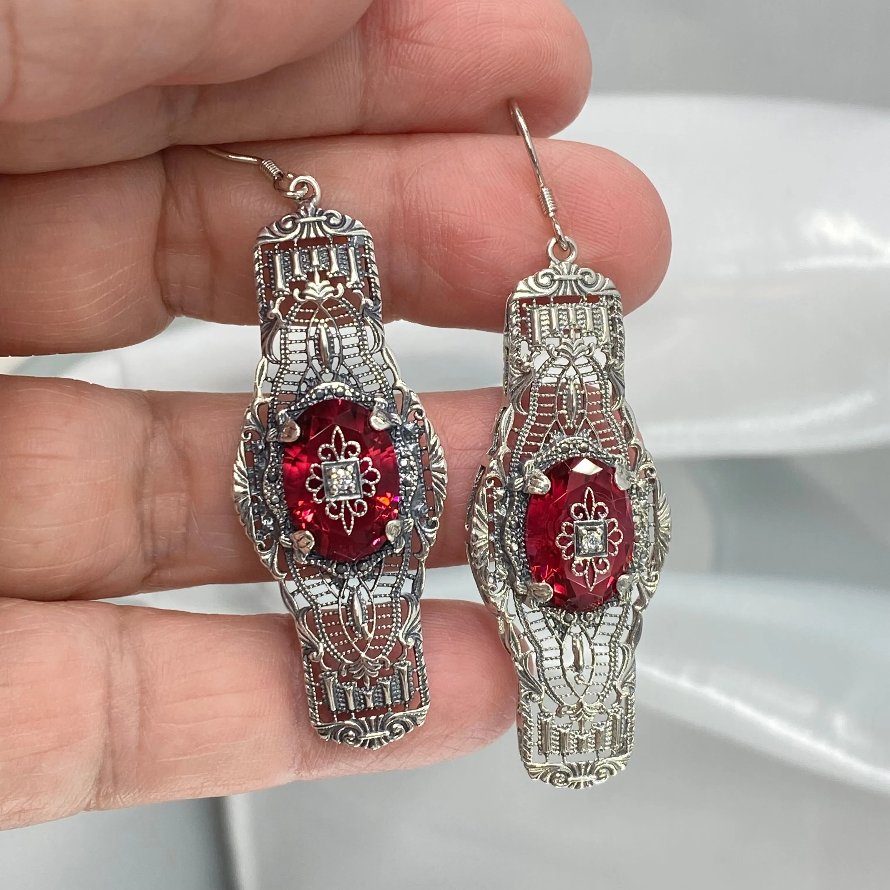 Red Ruby Earrings, Embellished Gems, Oval Castle, Elegant Vintage Jewelry #E4e