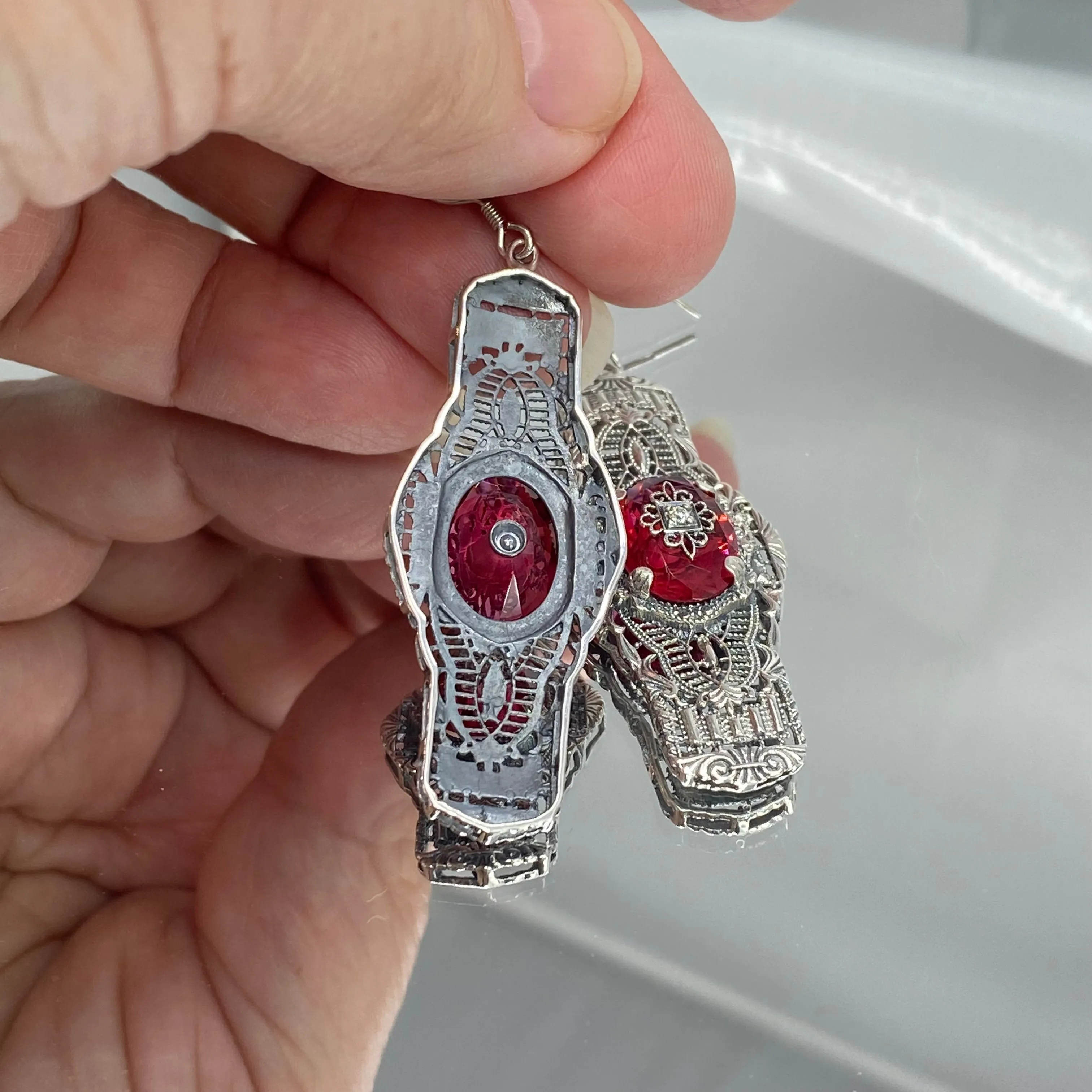 Red Ruby Earrings, Embellished Gems, Oval Castle, Elegant Vintage Jewelry #E4e